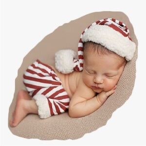 Newborn Christmas Striped Red and White Baby Santa Hat and Pants Set